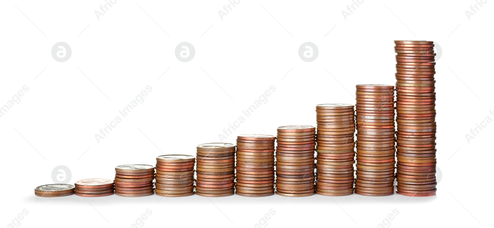 Photo of Stacked United States cent coins isolated on white