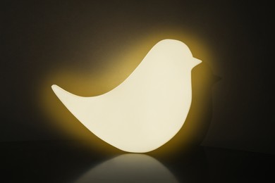 Photo of Bird shaped glowing night lamp on black background