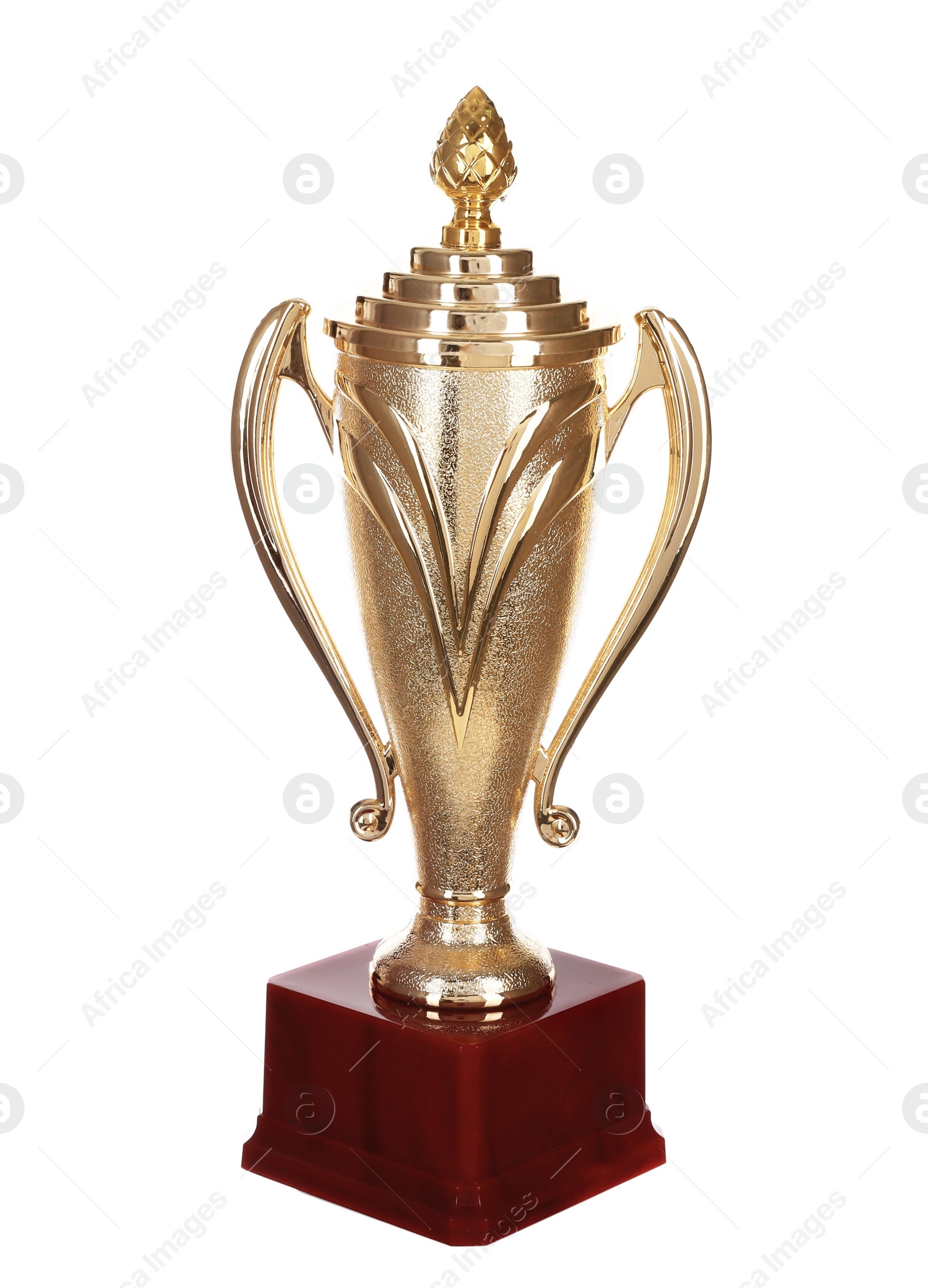 Photo of Shiny gold cup on white background. Winner's trophy