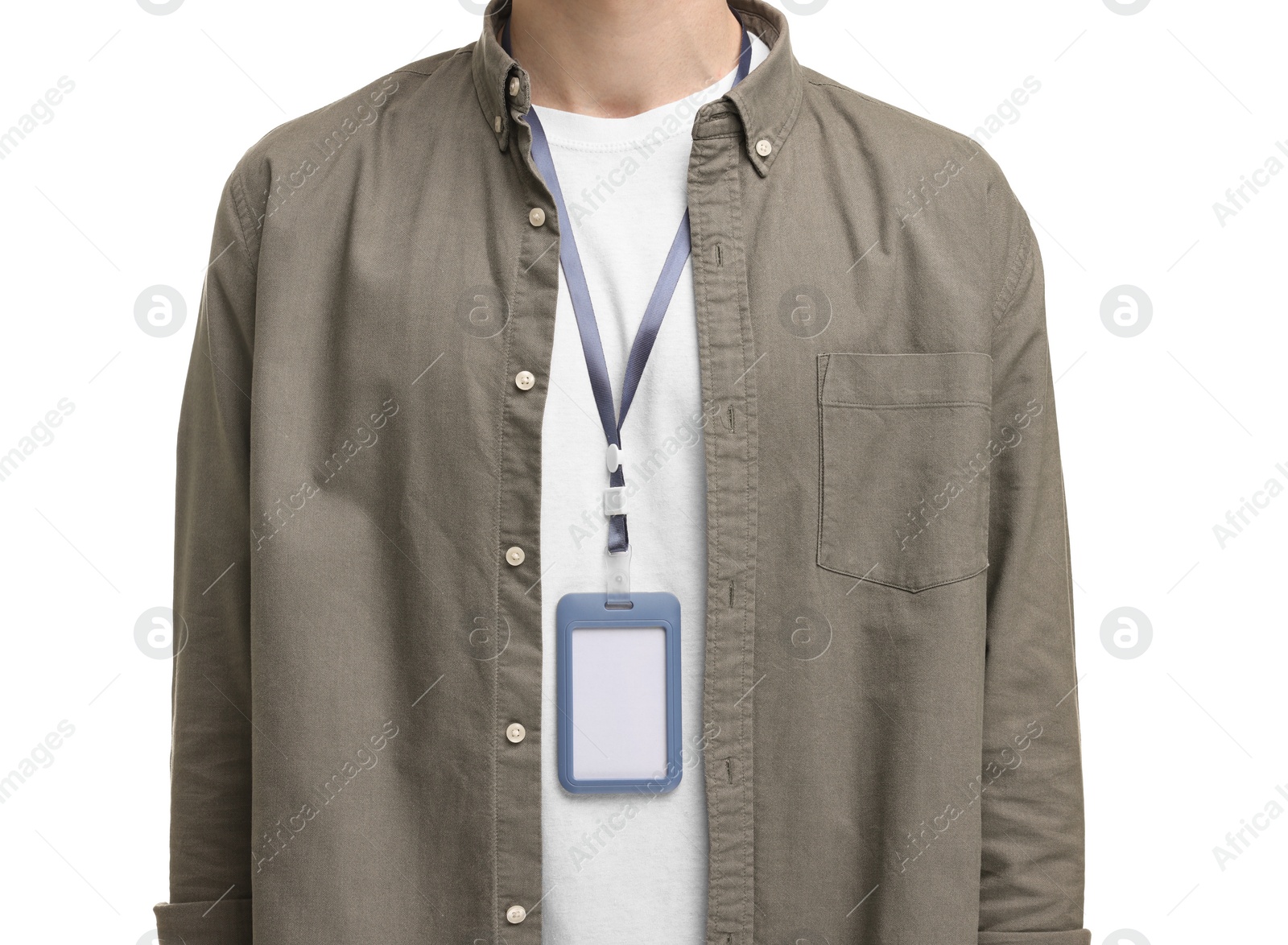 Photo of Man with empty badge on white background, closeup