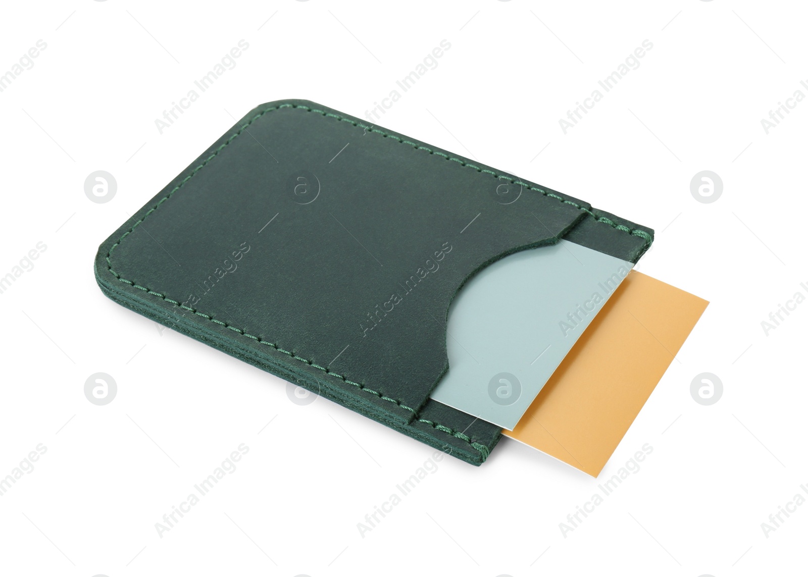 Photo of Leather business card holder with cards isolated on white
