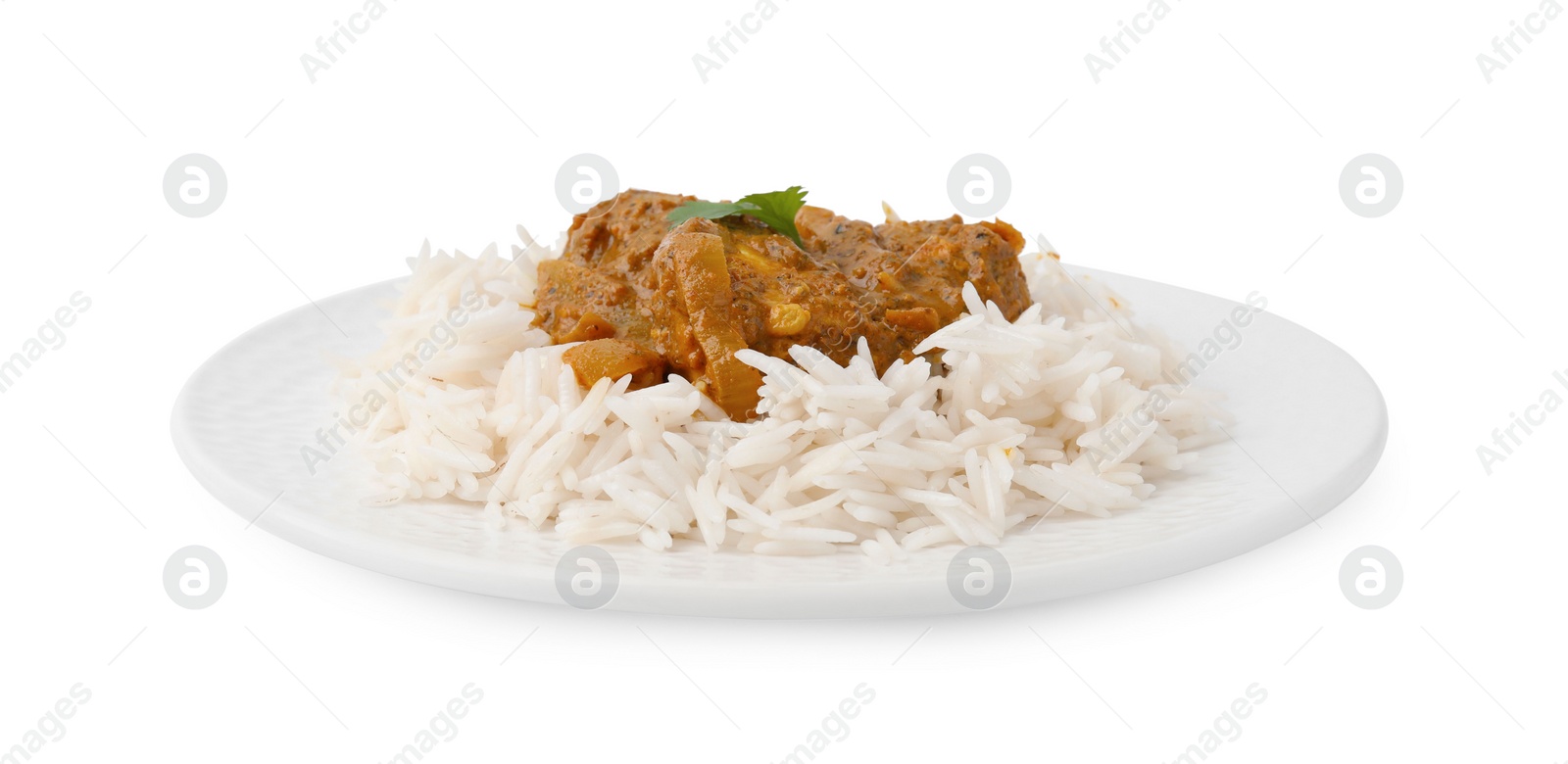 Photo of Delicious chicken curry with rice isolated on white