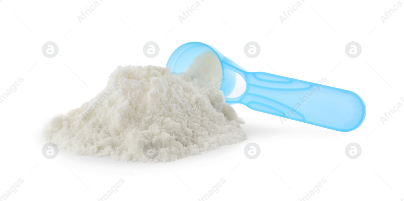 Photo of Powdered infant formula and scoop on white background. Baby milk