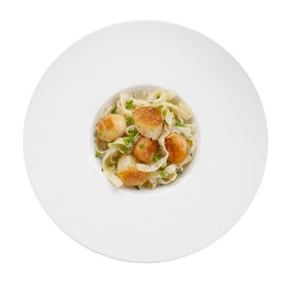 Photo of Delicious scallop pasta with spices isolated on white, top view