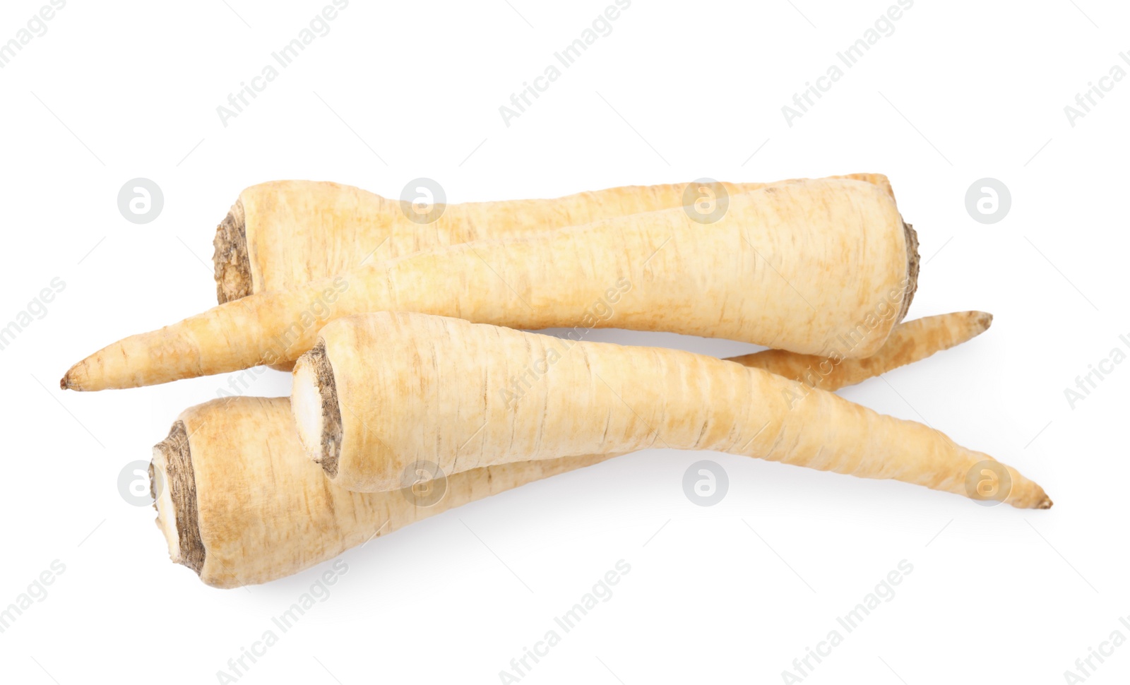 Photo of Raw parsley roots isolated on white, top view