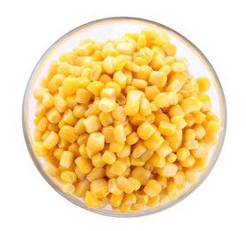 Delicious canned corn in bowl isolated on white, top view