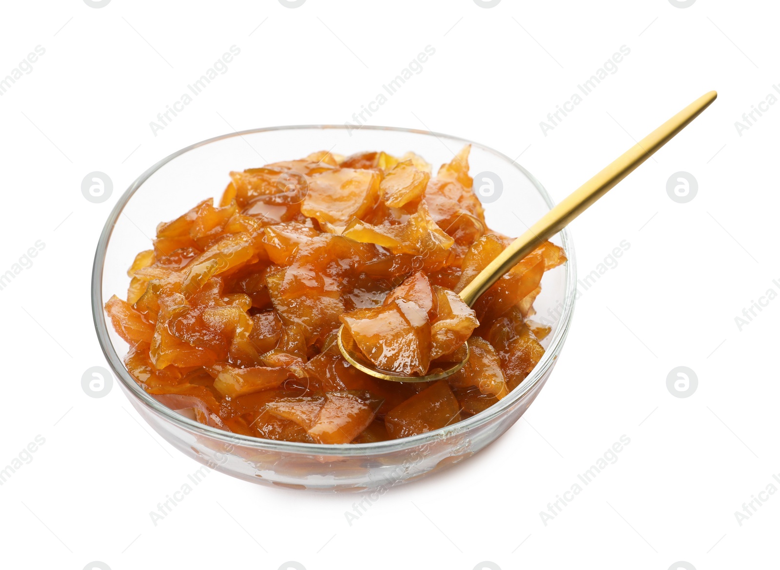 Photo of Tasty apple jam and spoon in bowl isolated on white