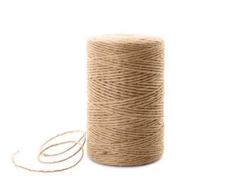 Photo of Spool of hemp rope on white background