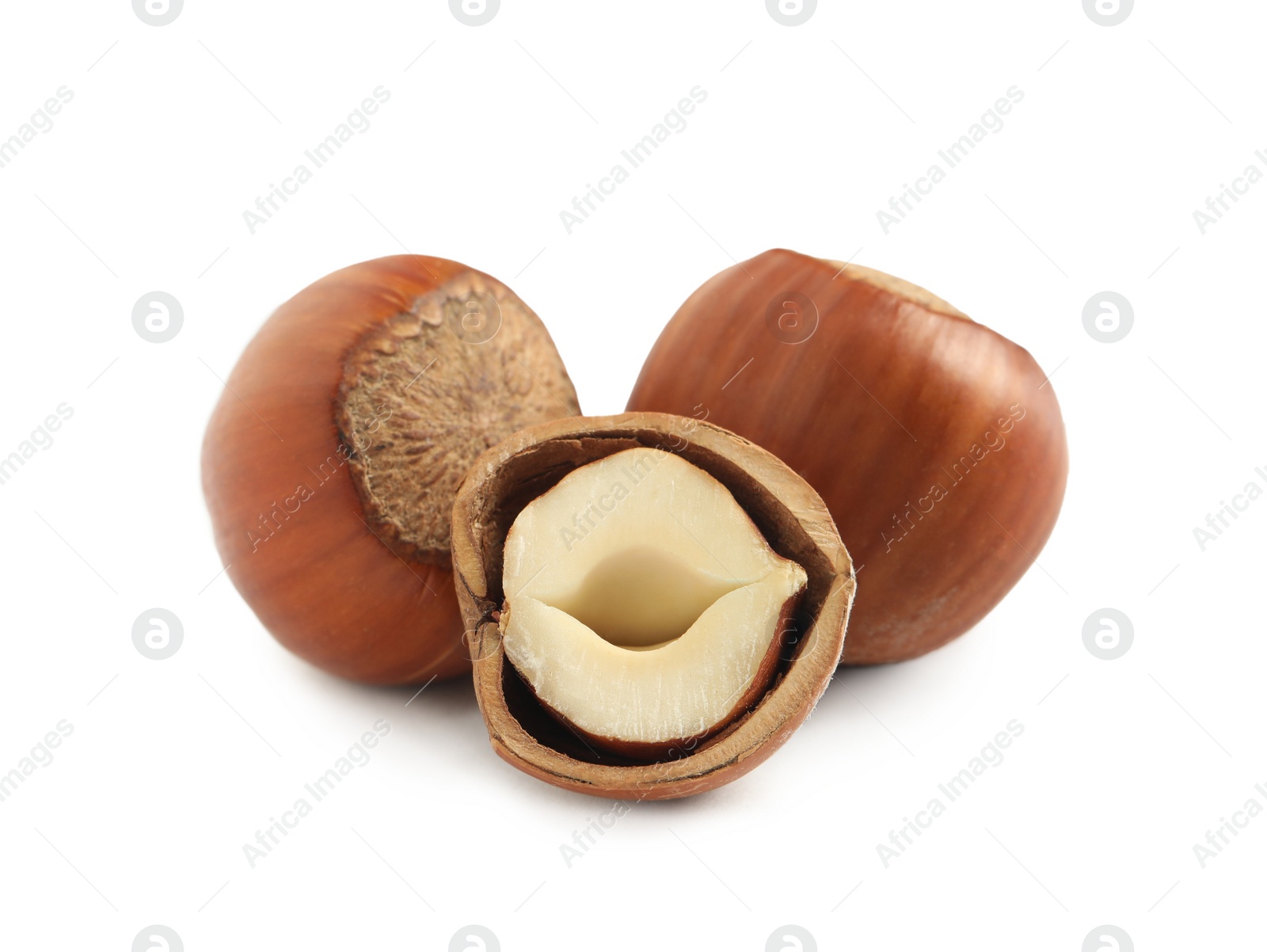 Photo of Tasty organic hazelnuts on white background. Healthy snack