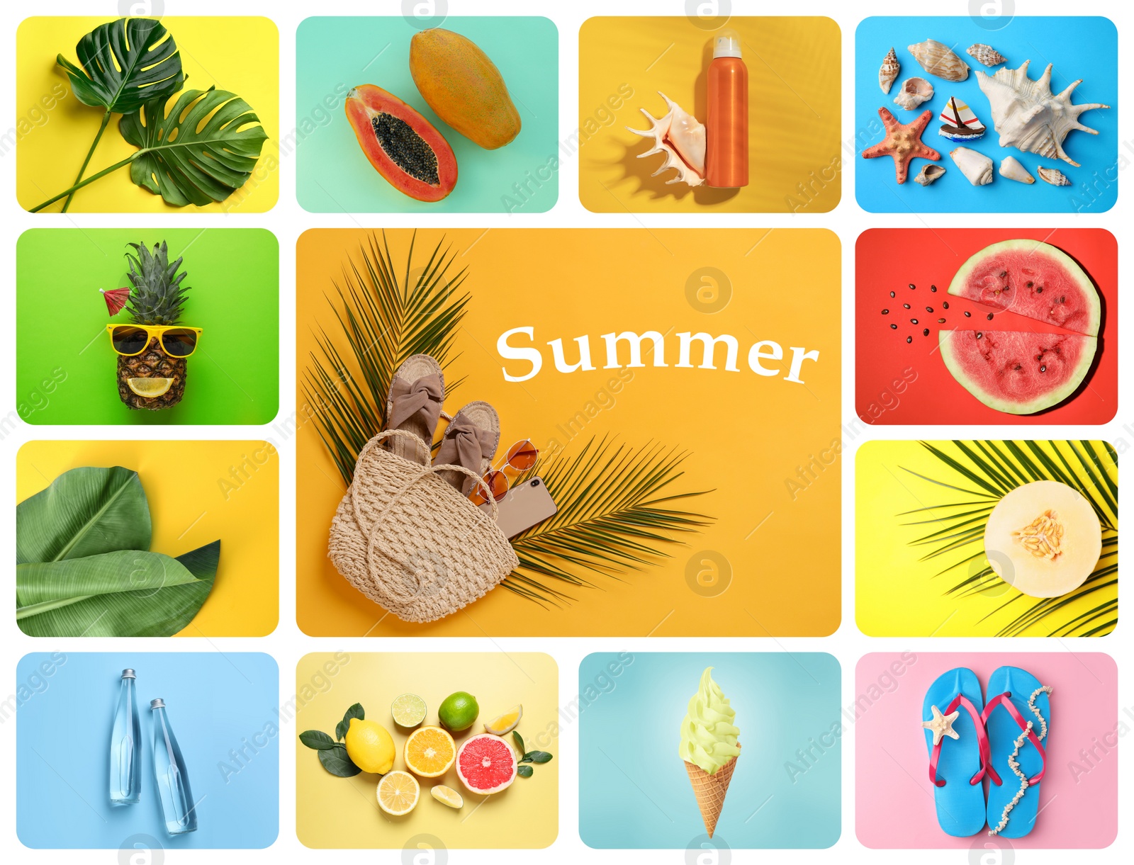 Image of Bright collage with beach accessories and other summer stuff