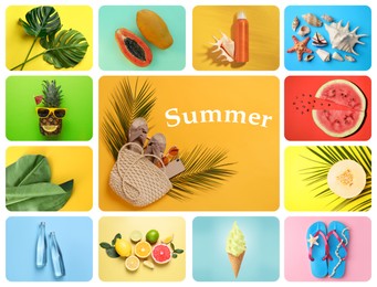 Bright collage with beach accessories and other summer stuff