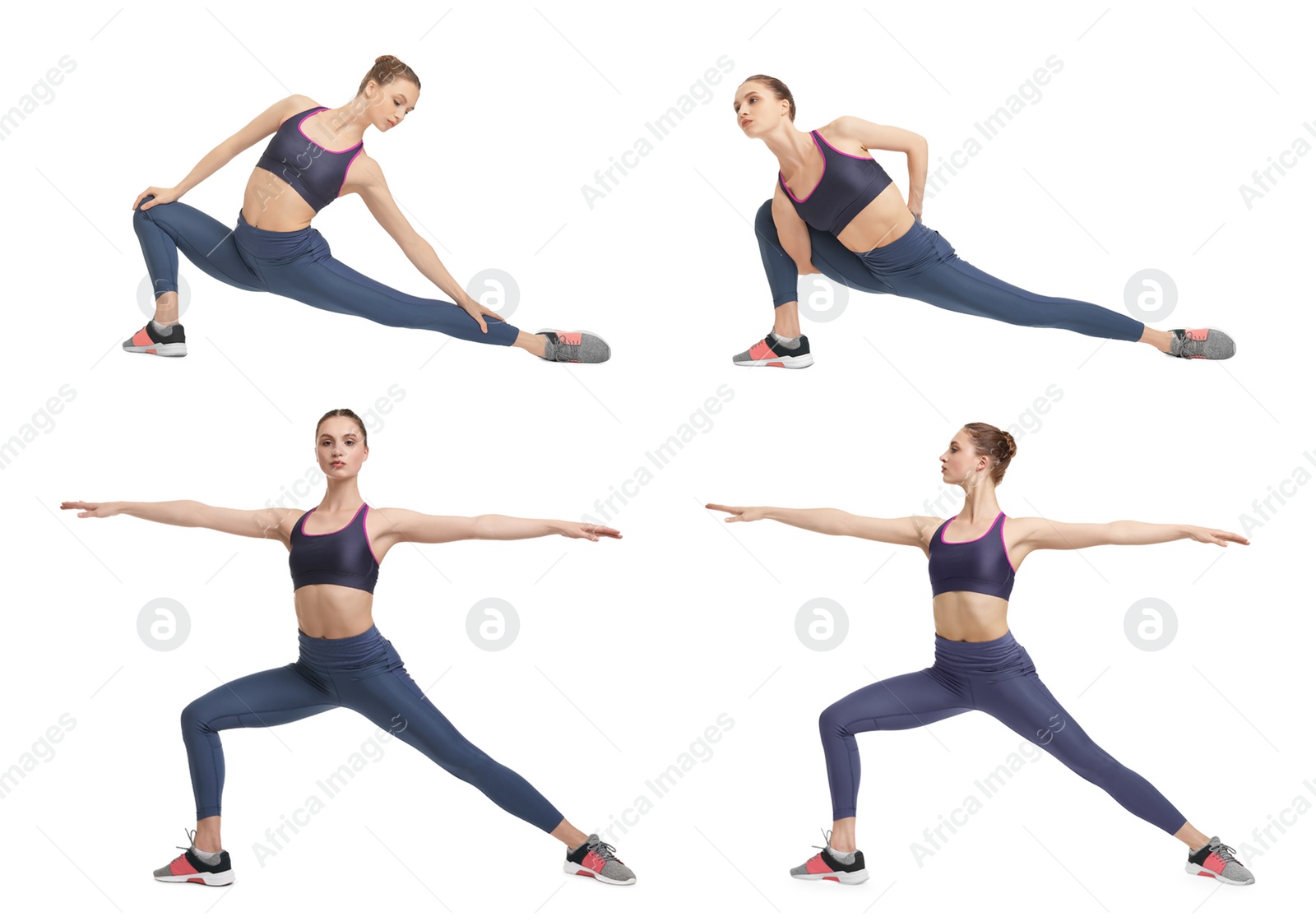 Image of Young woman practicing yoga on white background. Collage with different asanas