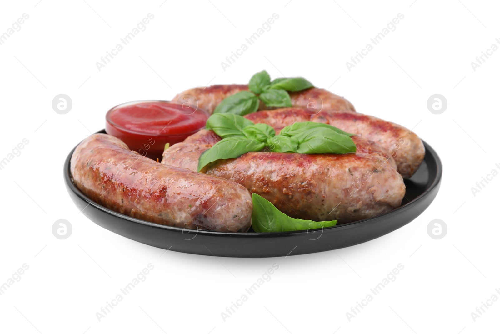 Photo of Plate with tasty homemade sausages, ketchup and basil leaves on white background