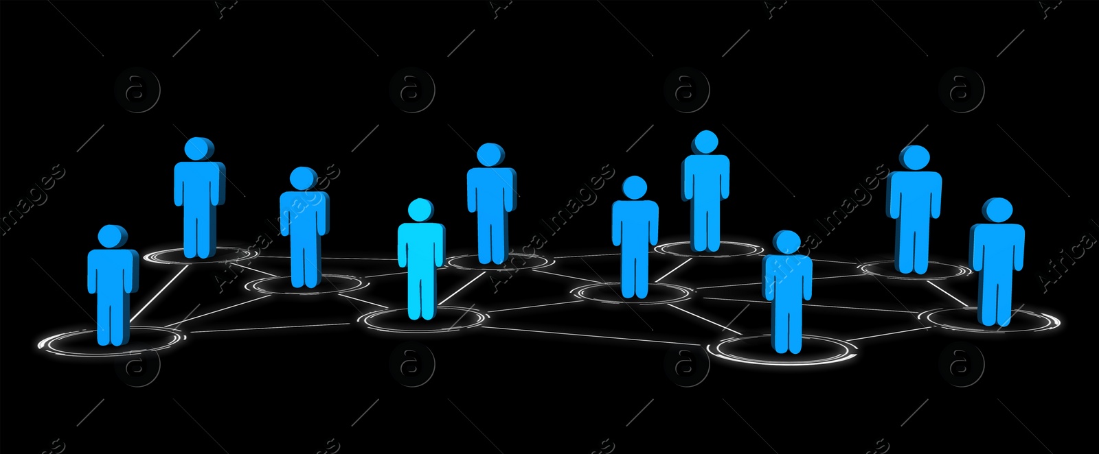 Illustration of Corporation structure. Linked people figures on black background, banner design