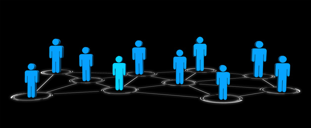 Illustration of Corporation structure. Linked people figures on black background, banner design