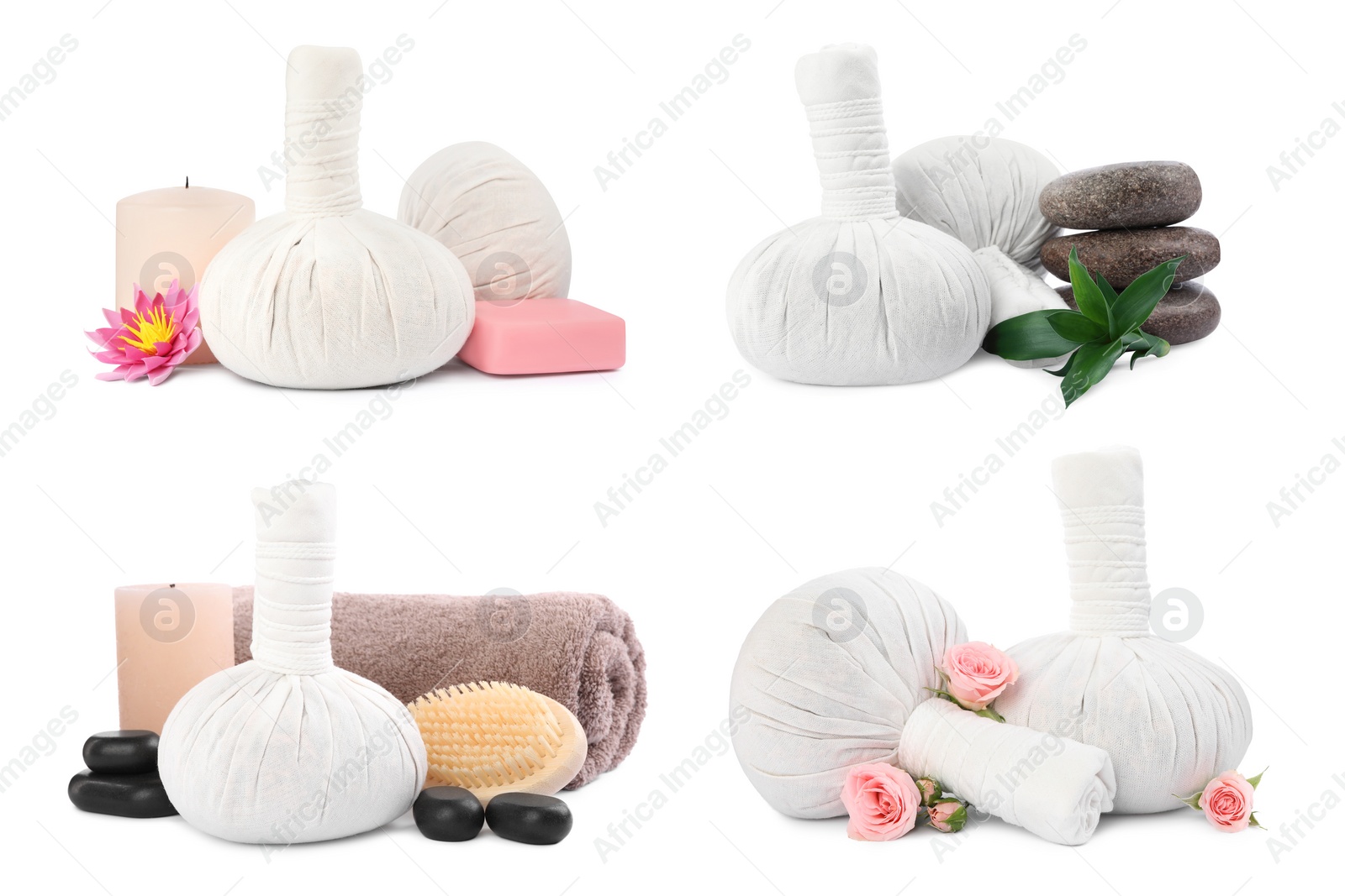Image of Set with herbal massage bags and different spa supplies on white background