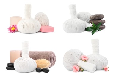 Image of Set with herbal massage bags and different spa supplies on white background