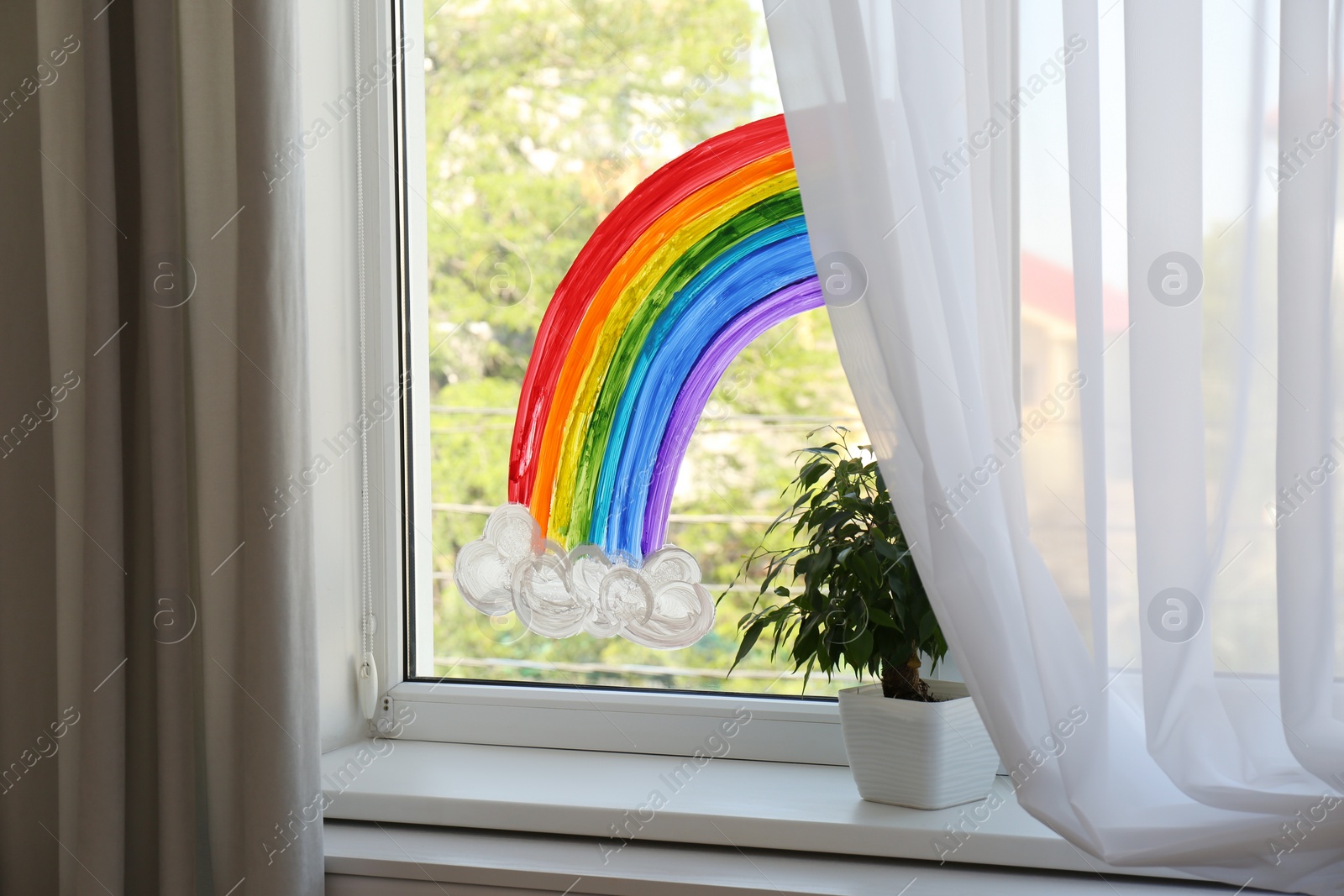 Photo of Picture of rainbow on window and houseplant indoors. Stay at home concept