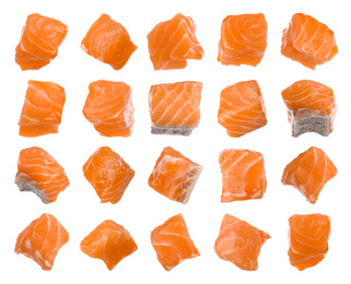 Image of Set with pieces of fresh raw salmon on white background. Fish delicacy