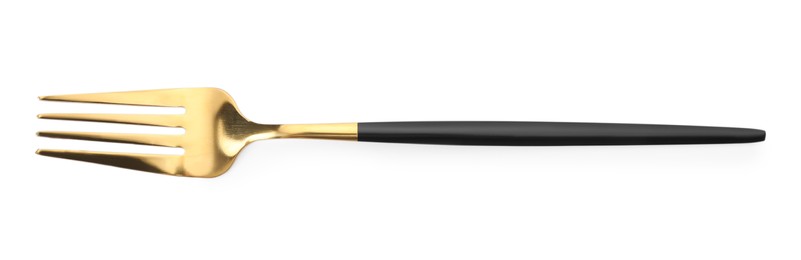 Photo of One shiny golden fork with black handle isolated on white, top view