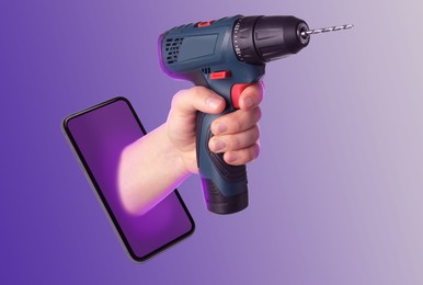 Image of Repair service - just call. Closeup view of man with electric power drill and smartphone on violet background