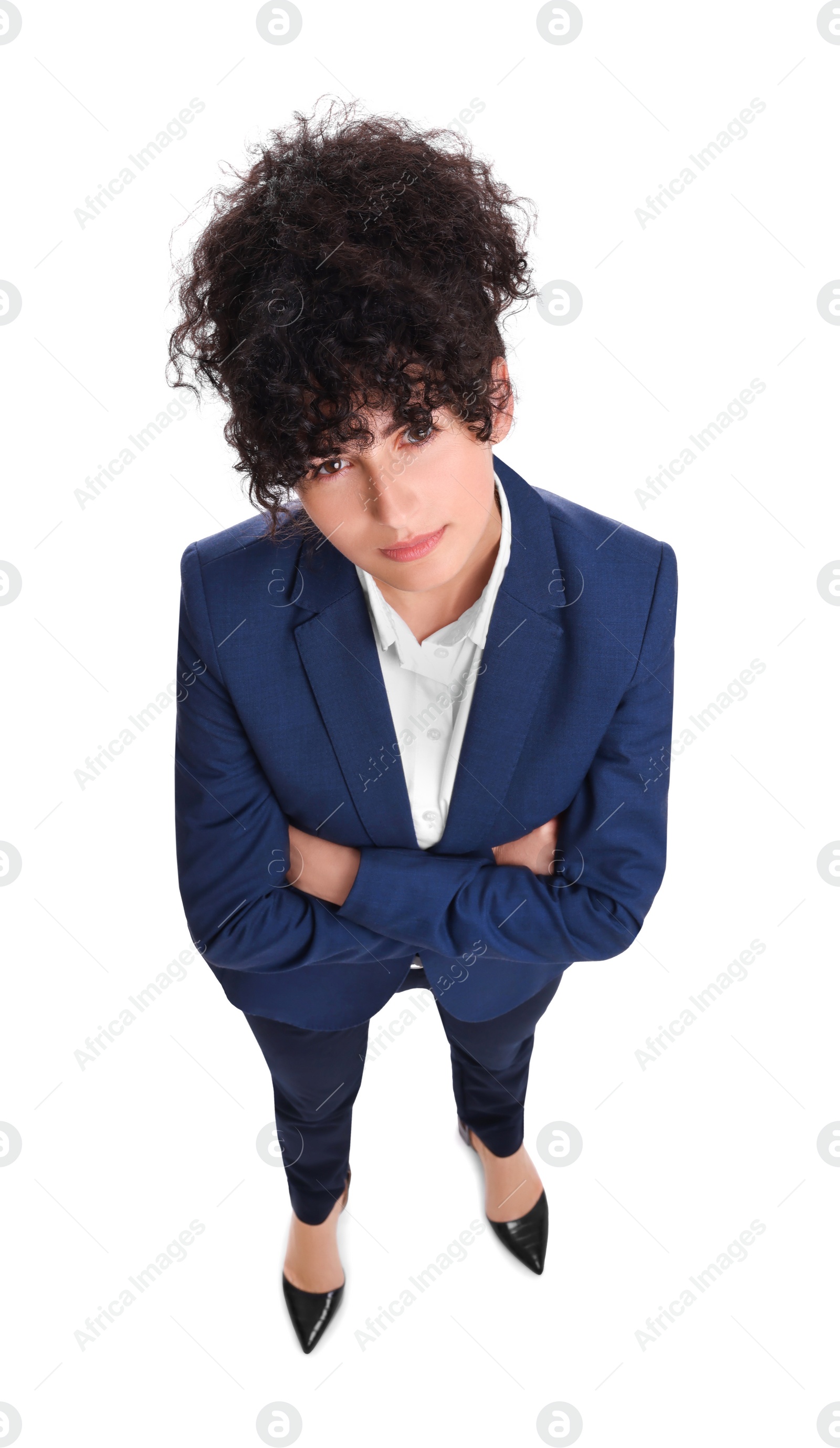 Photo of Beautiful businesswoman in suit on white background, above view