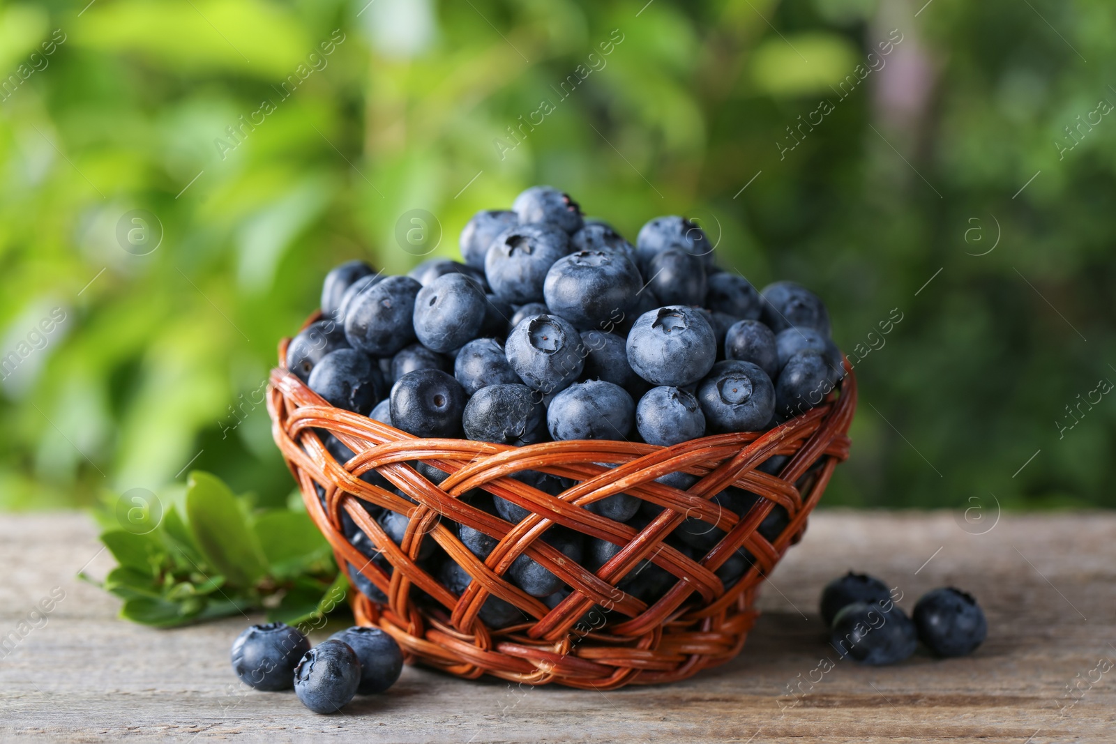 Photo of Tasty fresh blueberries and green leaves on wooden table outdoors, closeup