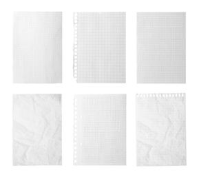 Image of Set of different notebook papers on white background