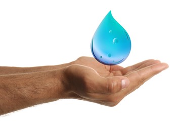 Man holding image of water drop on white background, closeup