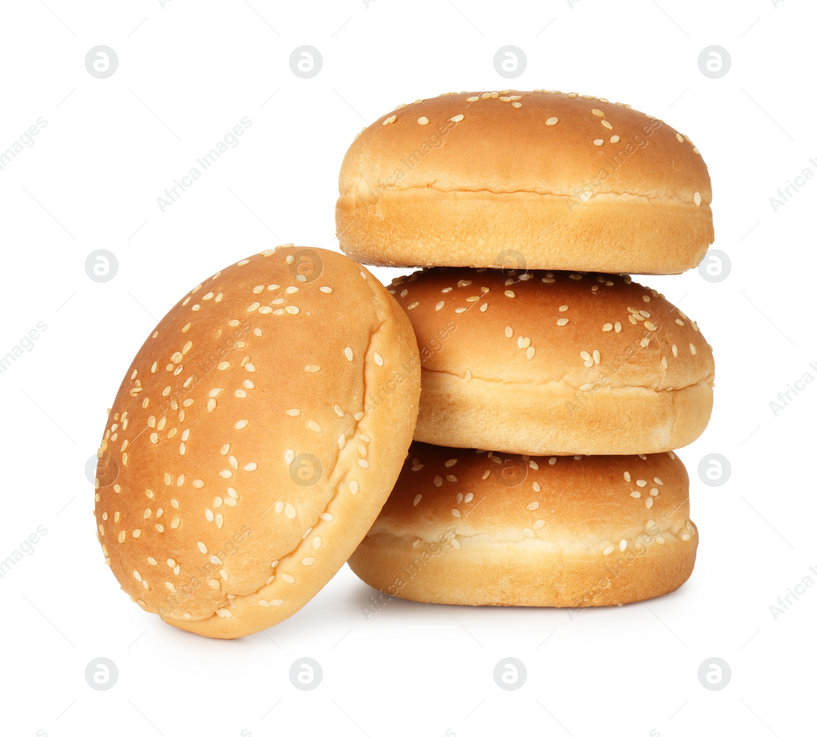 Photo of Many fresh burger buns isolated on white