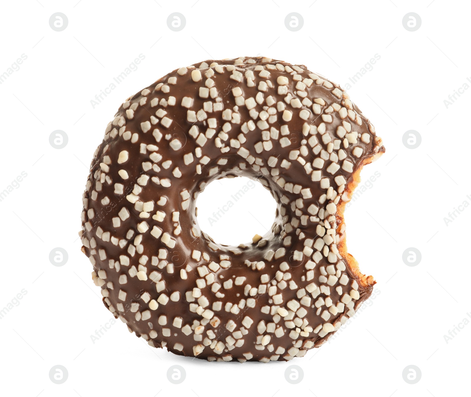 Photo of Delicious bitten doughnut with sprinkles on white background