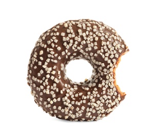 Delicious bitten doughnut with sprinkles on white background