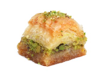 Photo of Piece of delicious fresh baklava with chopped nuts isolated on white. Eastern sweets