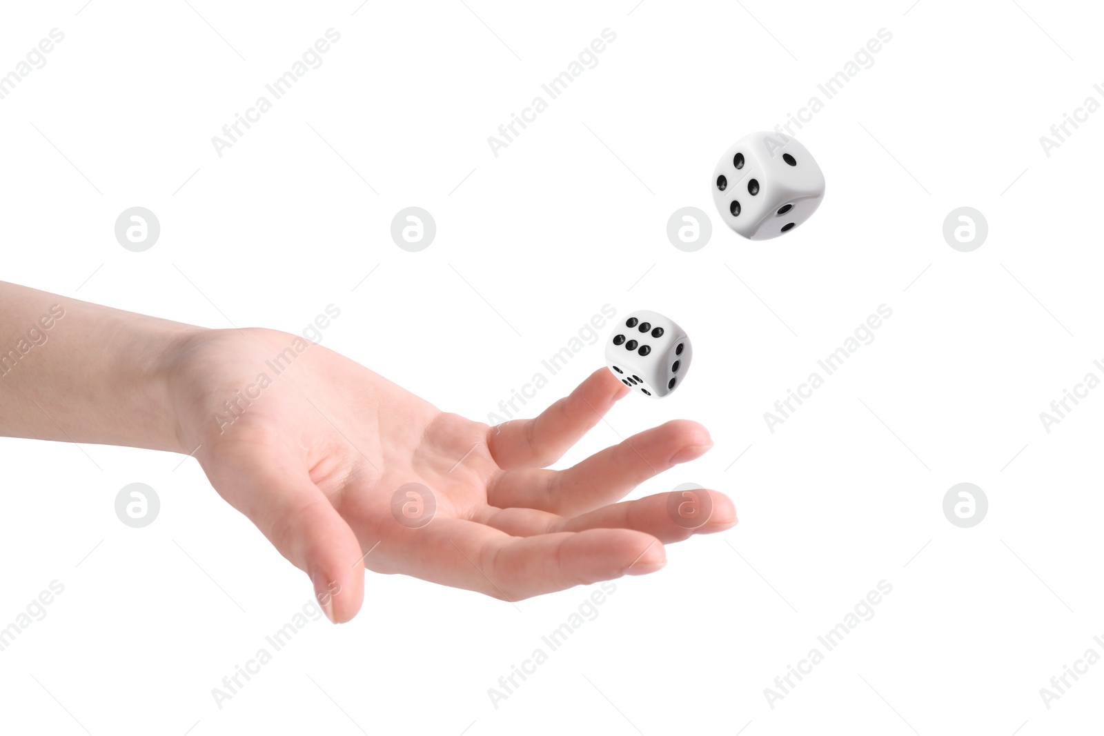 Image of Woman throwing dice on white background, closeup