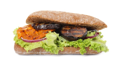 Photo of Delicious fresh eggplant sandwich isolated on white