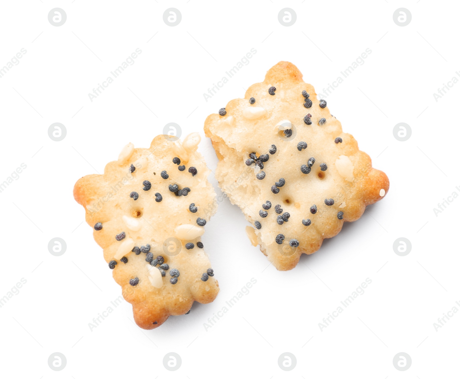 Photo of Broken crispy cracker with poppy and sesame seeds isolated on white, top view