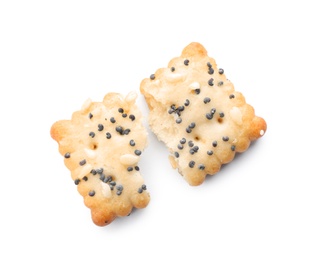 Broken crispy cracker with poppy and sesame seeds isolated on white, top view
