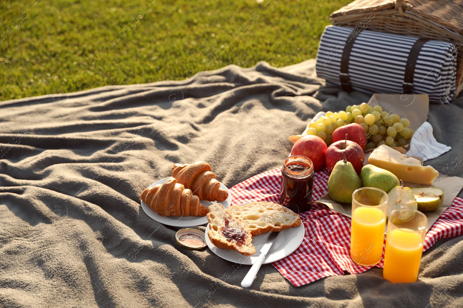 Photo of Picnic blanket with delicious food and juice outdoors on sunny day