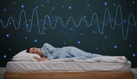 Image of Young woman sleeping in comfortable bed. Healthy circadian rhythm and sleep habits
