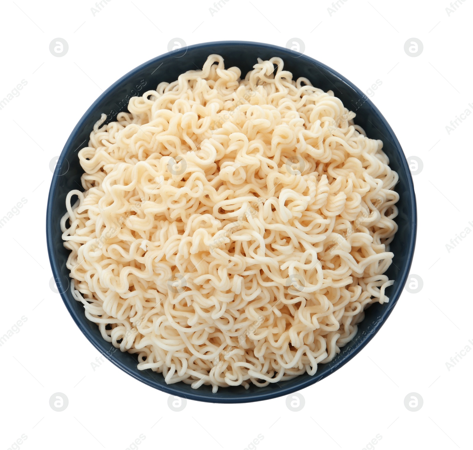 Photo of Tasty instant noodles in bowl isolated on white, top view