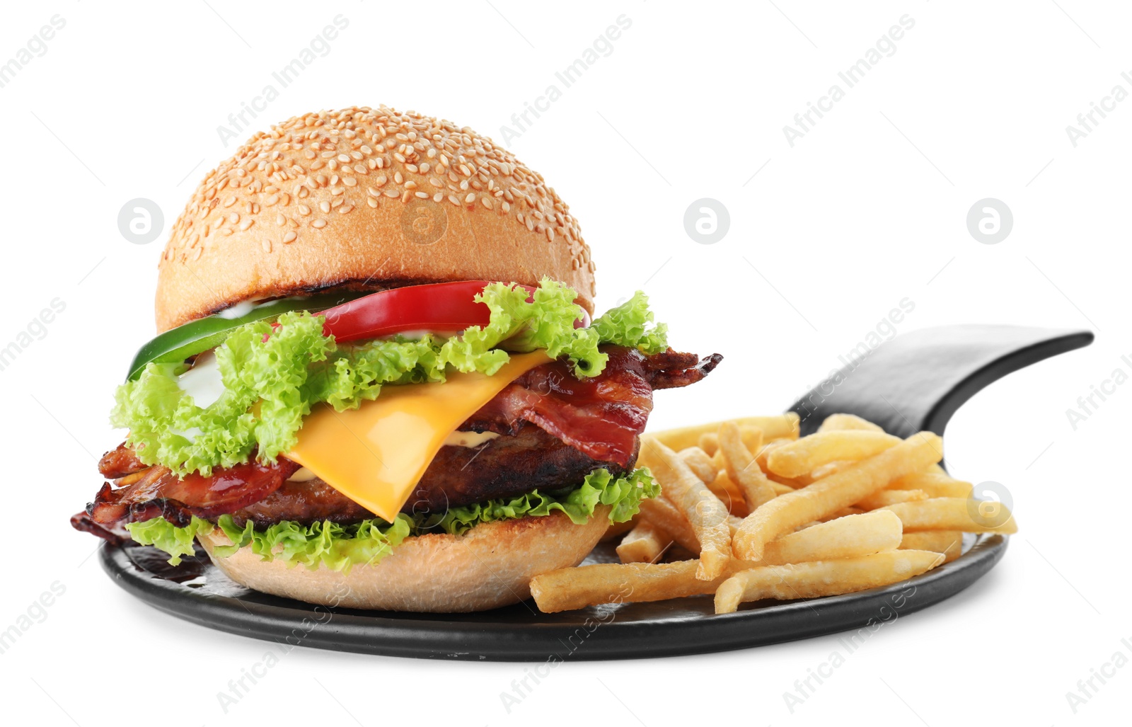 Image of Tasty burger with bacon on white background