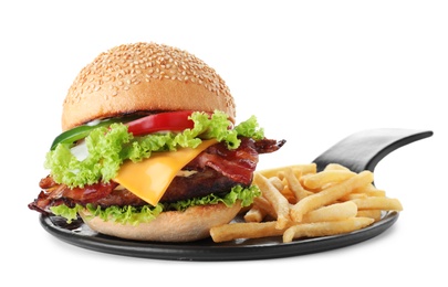 Tasty burger with bacon on white background