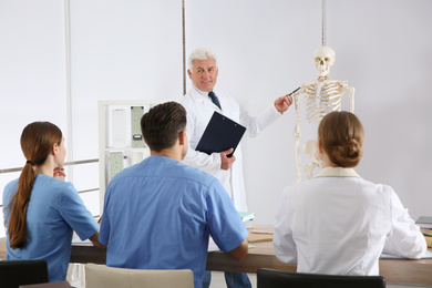 Medical students and professor studying human skeleton anatomy in classroom