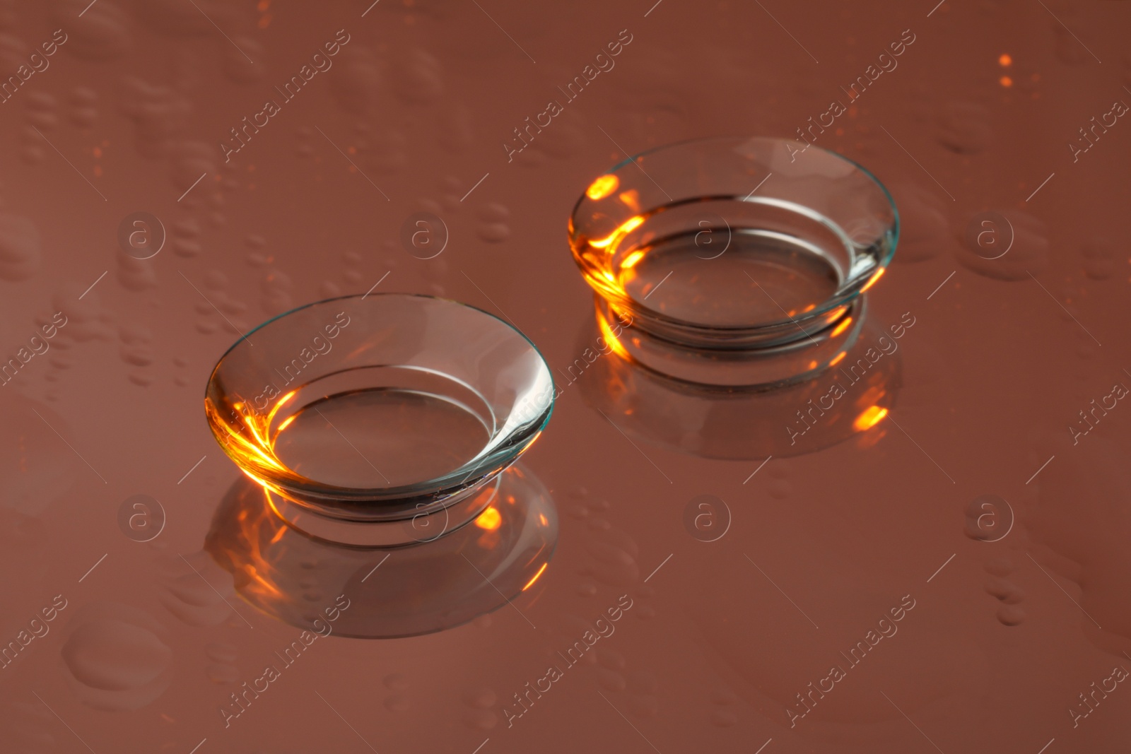 Photo of Pair of contact lenses on wet brown reflective surface