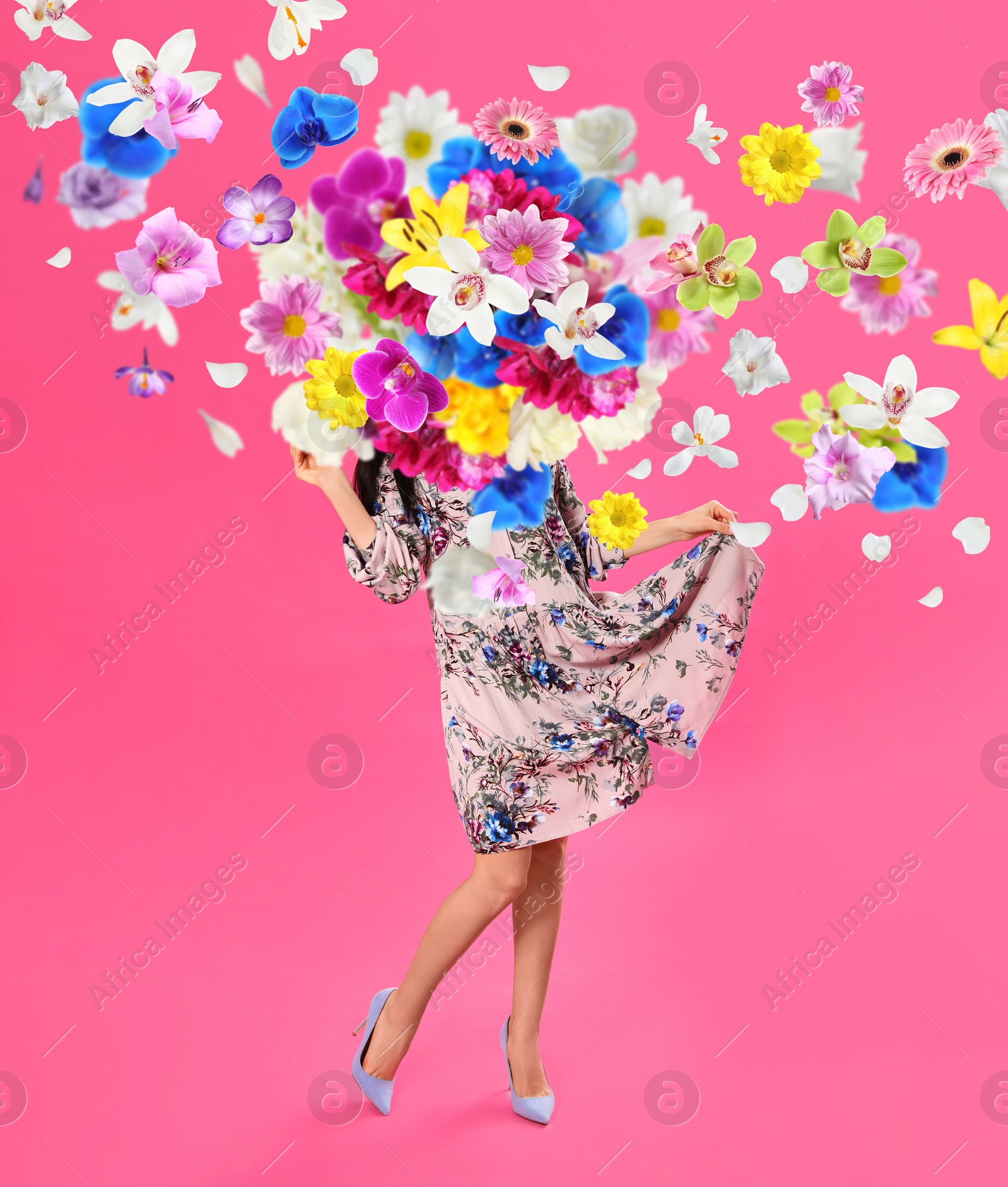 Image of Creative spring fashion composition. Dancing girl and flowers splash