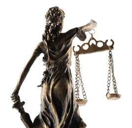 Photo of Statue of Lady Justice isolated on white, back view. Symbol of fair treatment under law