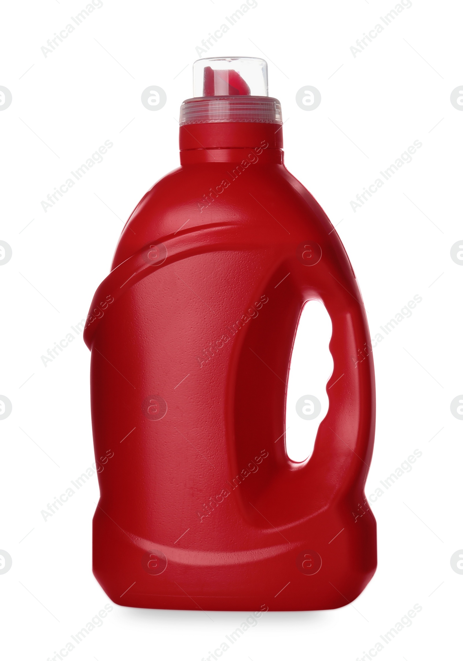 Photo of Red bottle of cleaning product isolated on white