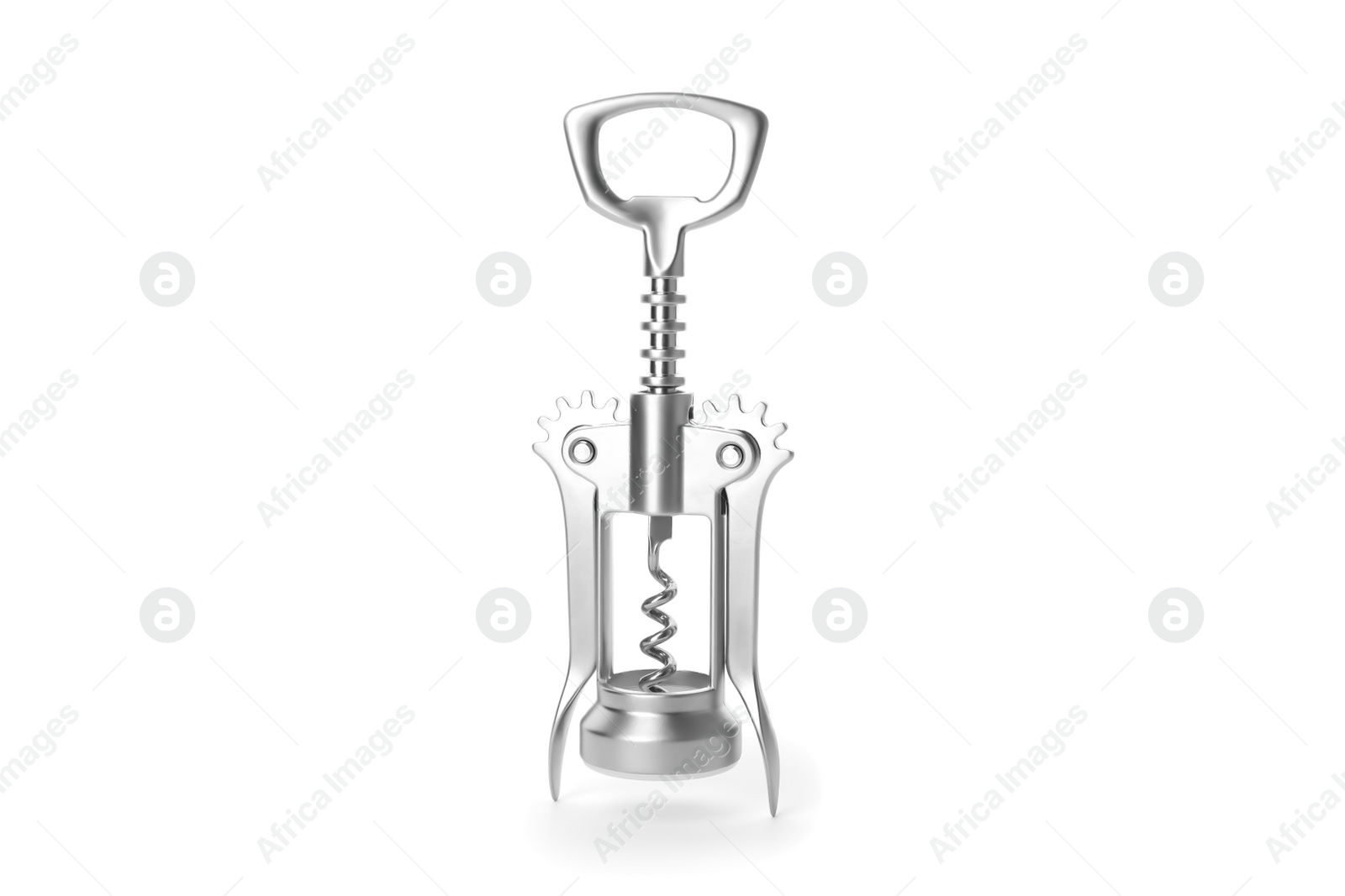 Photo of Stainless steel corkscrew on white background. Kitchen utensils