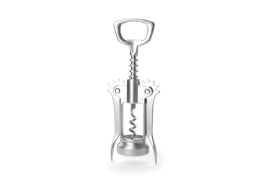 Stainless steel corkscrew on white background. Kitchen utensils