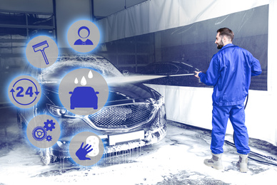Image of Car wash, full service related icons. Man cleaning automobile with foam
